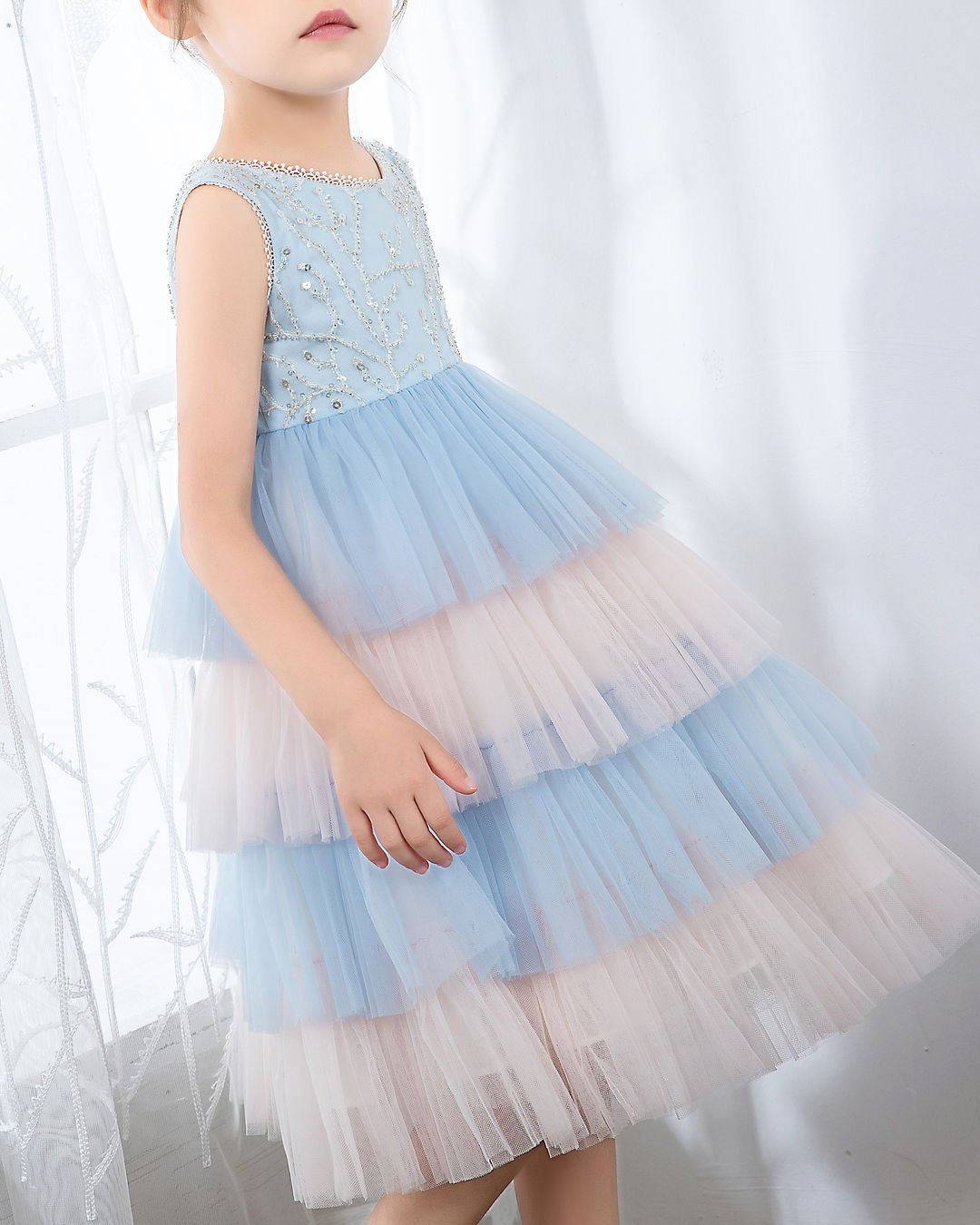 NumberSea - Light Blue Sleeveless Beaded Girls Princess Dresses Birthday Dress Party Dresses Kids Fashion Dresses