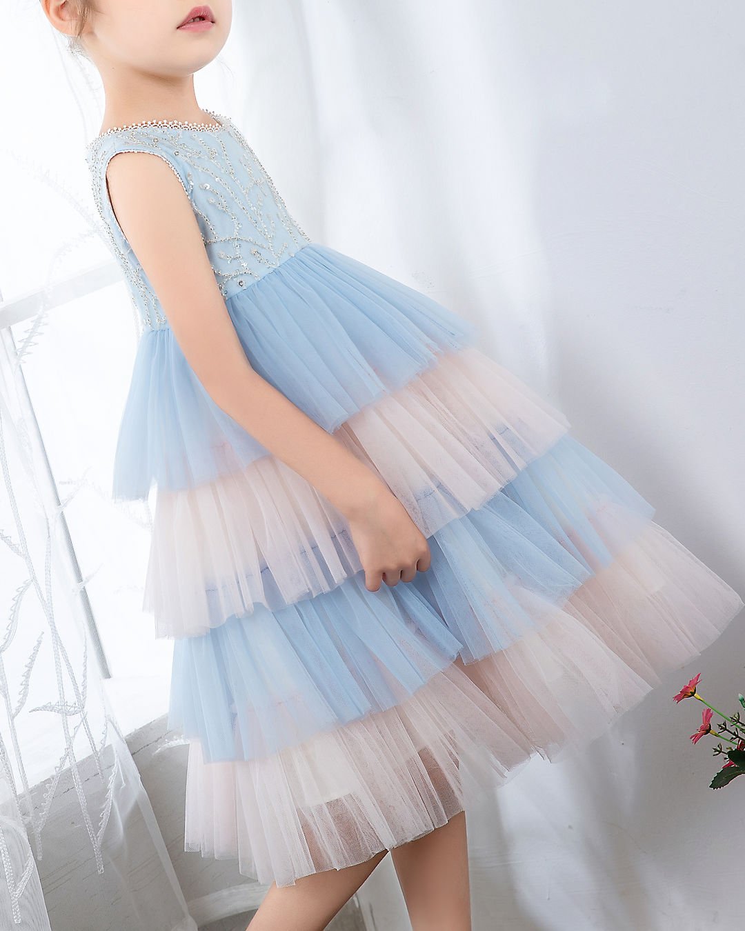 NumberSea - Light Blue Sleeveless Beaded Girls Princess Dresses Birthday Dress Party Dresses Kids Fashion Dresses