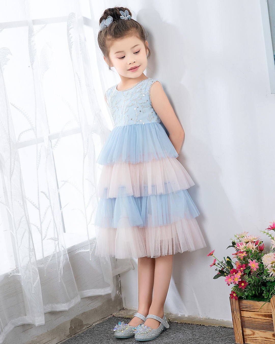 NumberSea - Light Blue Sleeveless Beaded Girls Princess Dresses Birthday Dress Party Dresses Kids Fashion Dresses