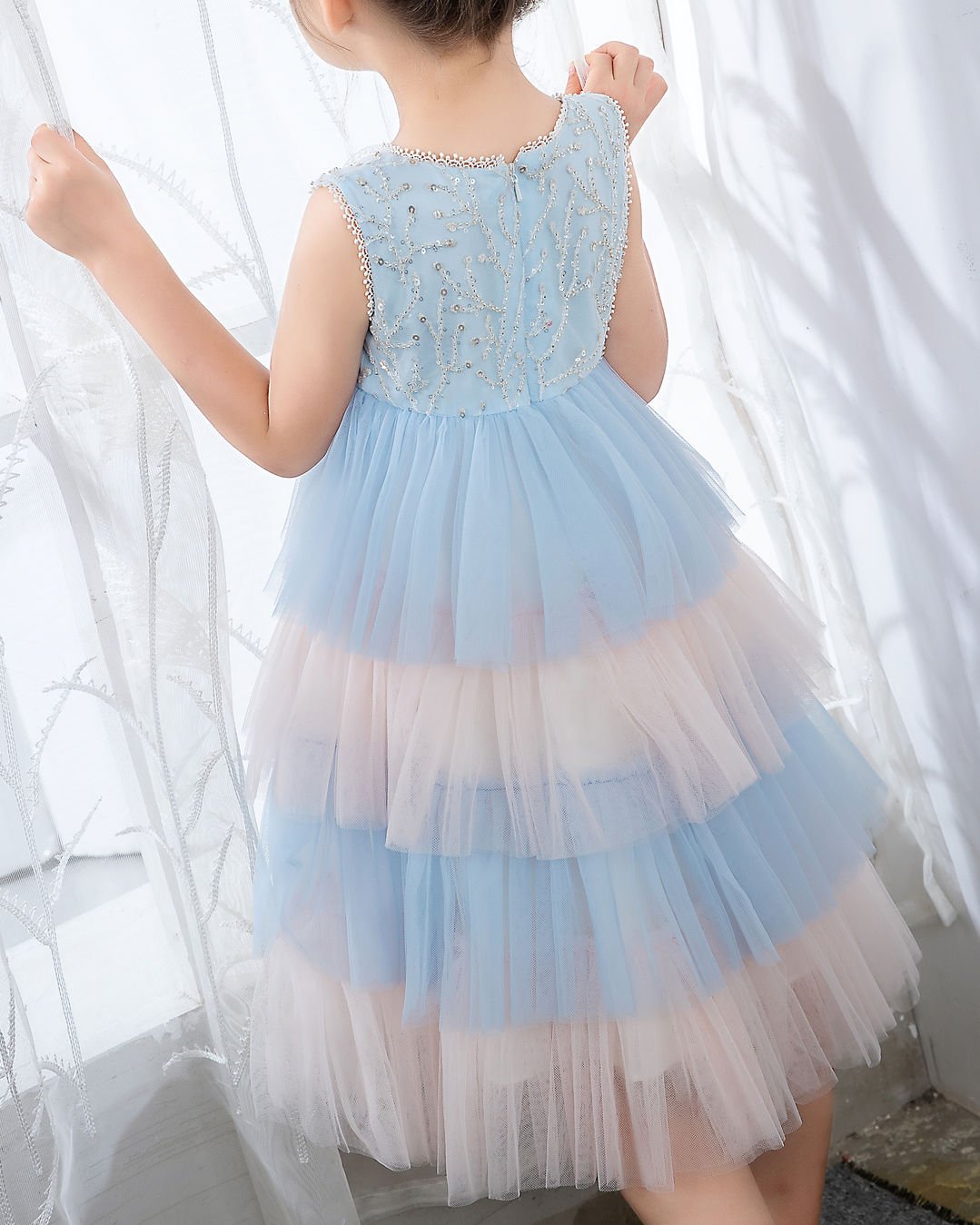 NumberSea - Light Blue Sleeveless Beaded Girls Princess Dresses Birthday Dress Party Dresses Kids Fashion Dresses