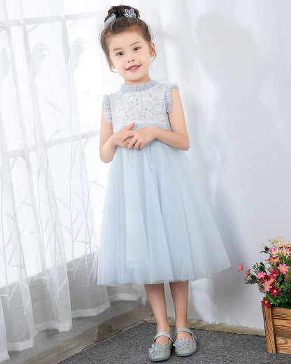 NumberSea - Light Blue Sleeveless Beaded Girls Princess Dresses Birthday Dress Party Dresses Children's Occasion Wear