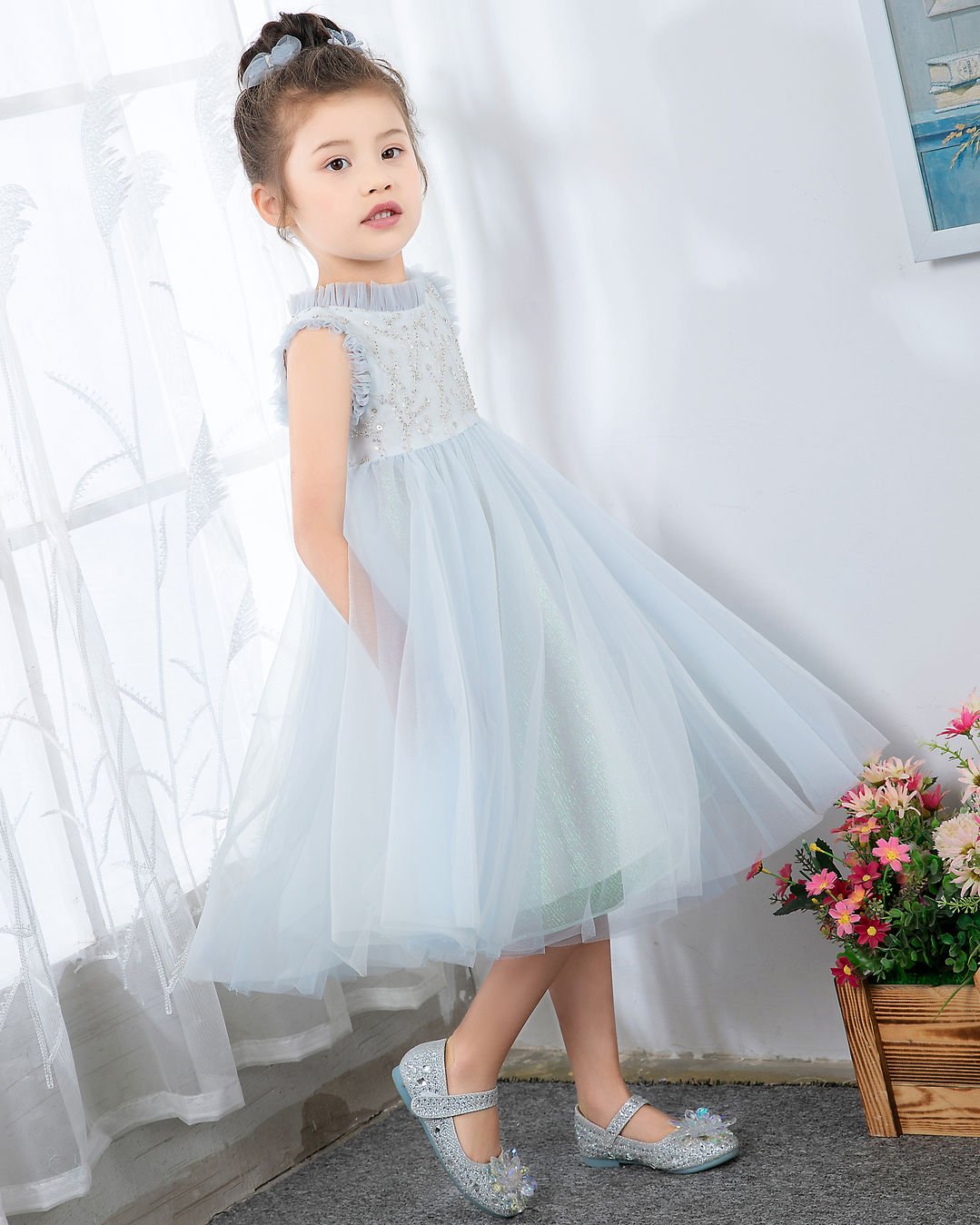 NumberSea - Light Blue Sleeveless Beaded Girls Princess Dresses Birthday Dress Party Dresses Children's Occasion Wear