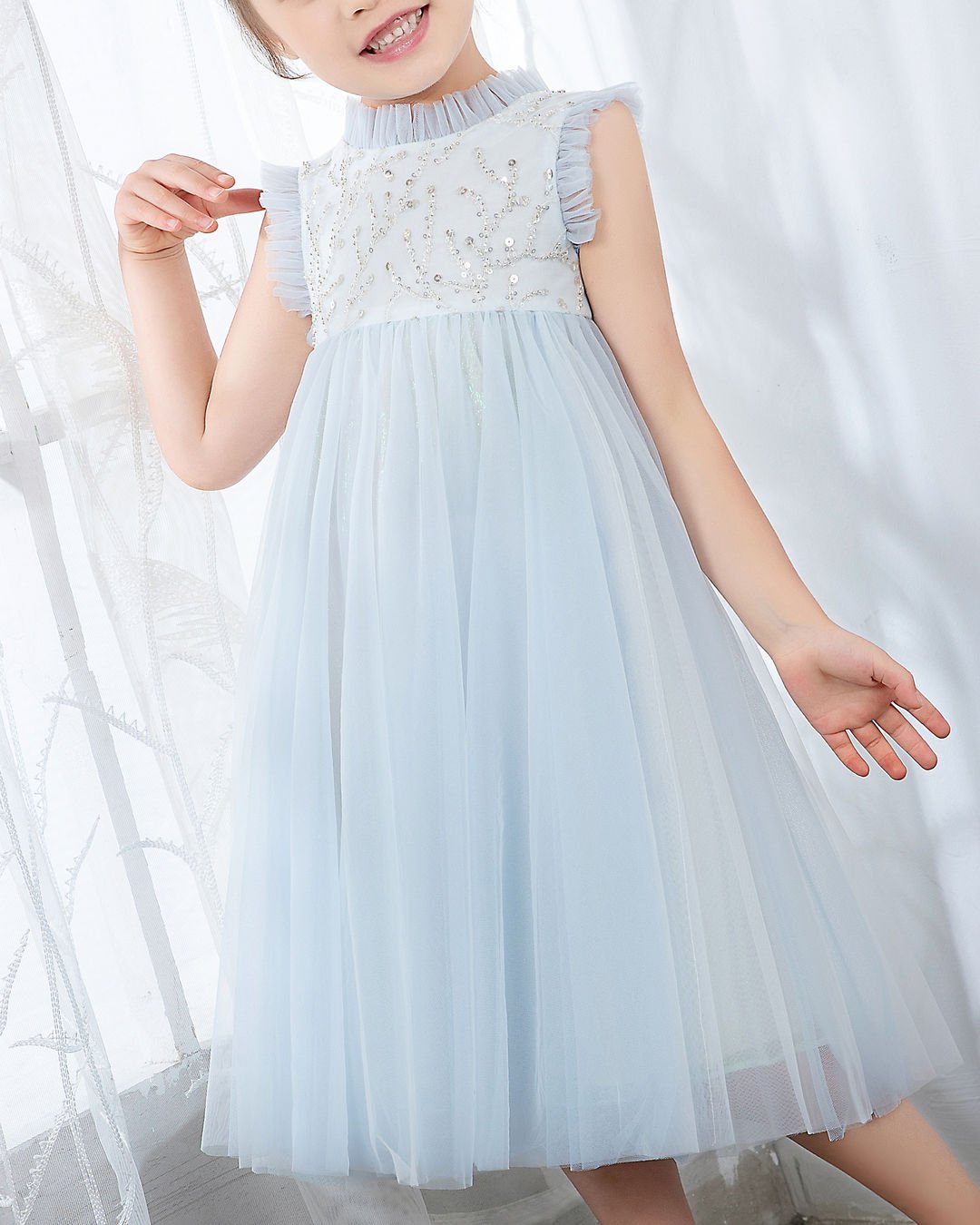 NumberSea - Light Blue Sleeveless Beaded Girls Princess Dresses Birthday Dress Party Dresses Children's Occasion Wear