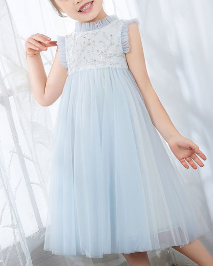 NumberSea - Light Blue Sleeveless Beaded Girls Princess Dresses Birthday Dress Party Dresses Children's Occasion Wear