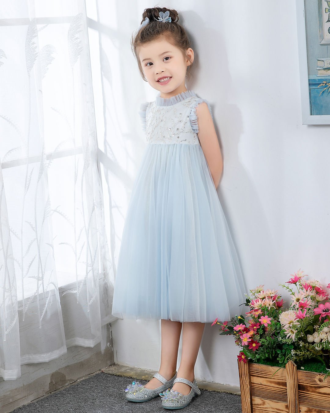 NumberSea - Light Blue Sleeveless Beaded Girls Princess Dresses Birthday Dress Party Dresses Children's Occasion Wear