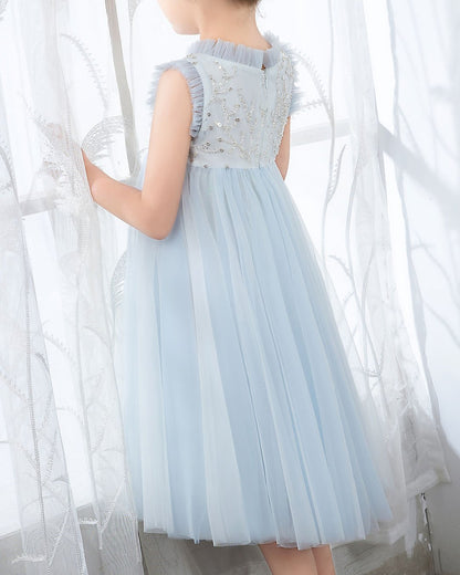 NumberSea - Light Blue Sleeveless Beaded Girls Princess Dresses Birthday Dress Party Dresses Children's Occasion Wear