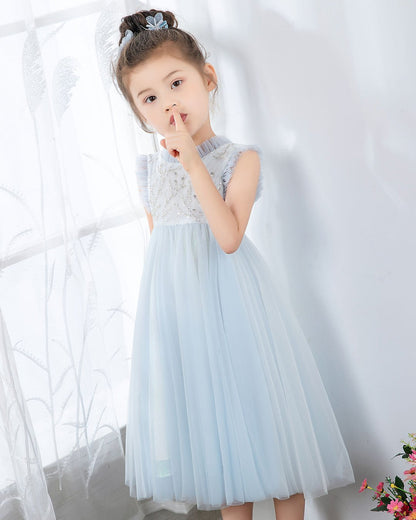 NumberSea - Light Blue Sleeveless Beaded Girls Princess Dresses Birthday Dress Party Dresses Children's Occasion Wear