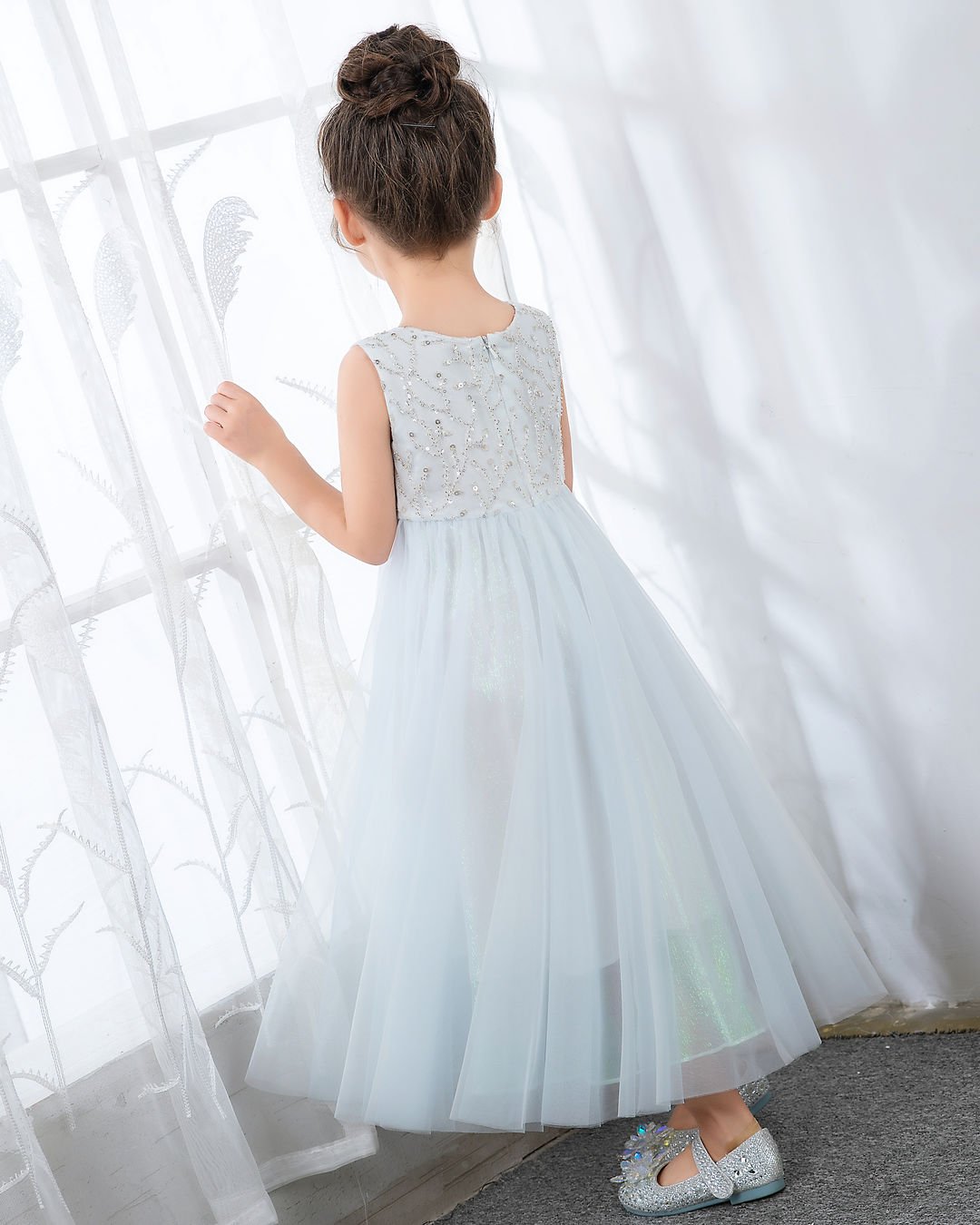 NumberSea - Light Blue Sleeveless Beaded Girls Princess Dresses Birthday Dress Party Dress Children's Occasion Wear