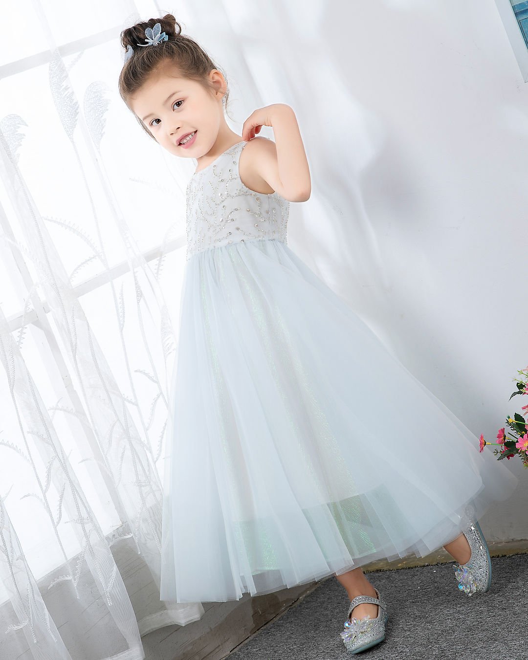 NumberSea - Light Blue Sleeveless Beaded Girls Princess Dresses Birthday Dress Party Dress Children's Occasion Wear