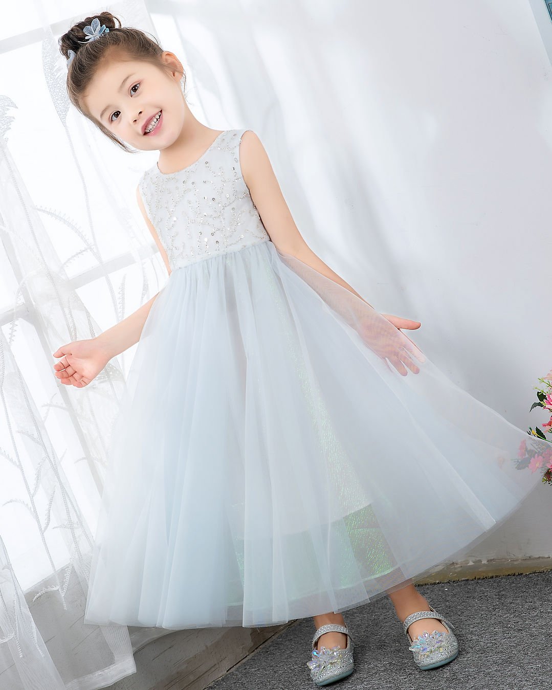 NumberSea - Light Blue Sleeveless Beaded Girls Princess Dresses Birthday Dress Party Dress Children's Occasion Wear