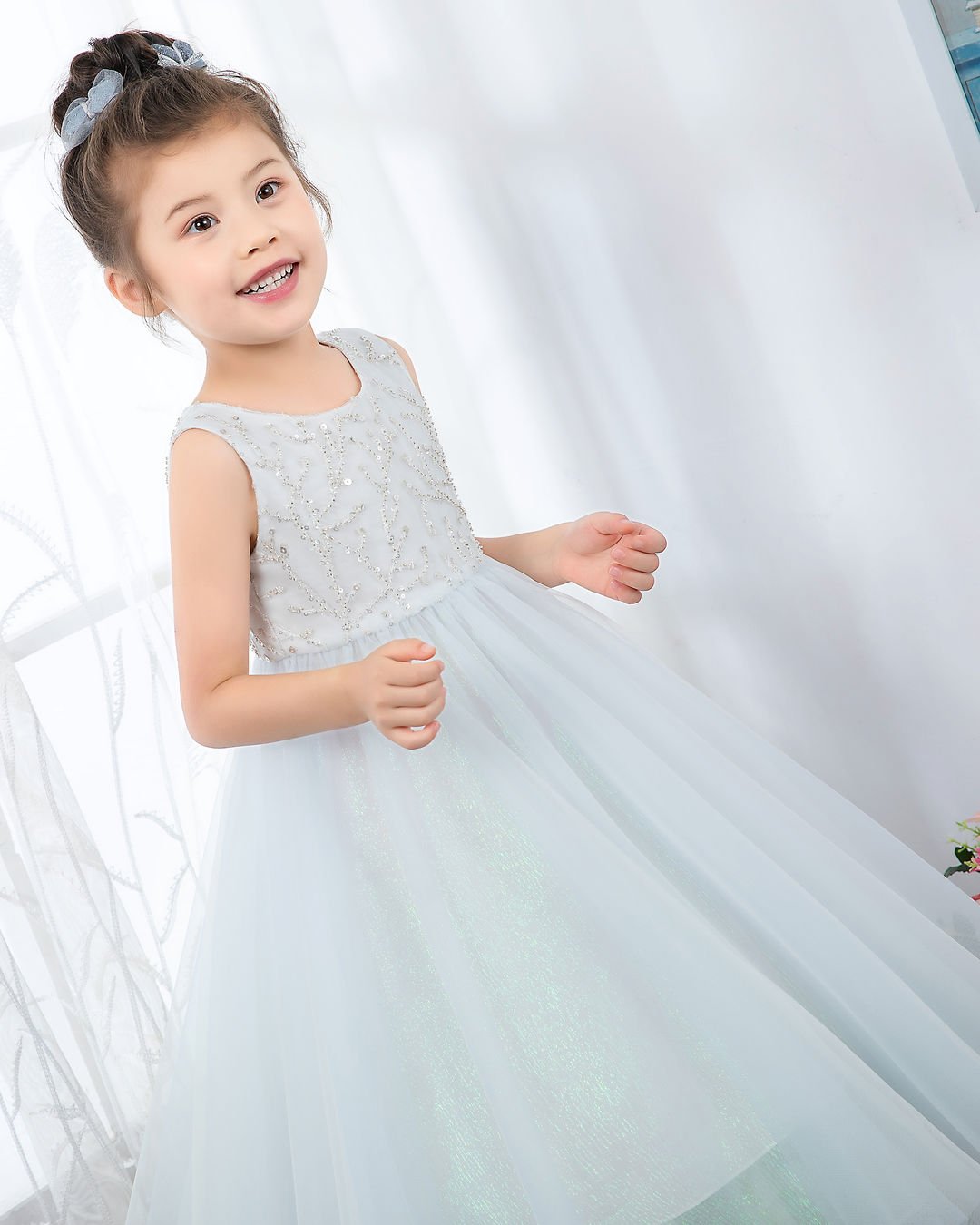 NumberSea - Light Blue Sleeveless Beaded Girls Princess Dresses Birthday Dress Party Dress Children's Occasion Wear