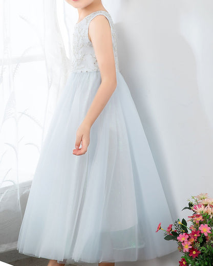 NumberSea - Light Blue Sleeveless Beaded Girls Princess Dresses Birthday Dress Party Dress Children's Occasion Wear