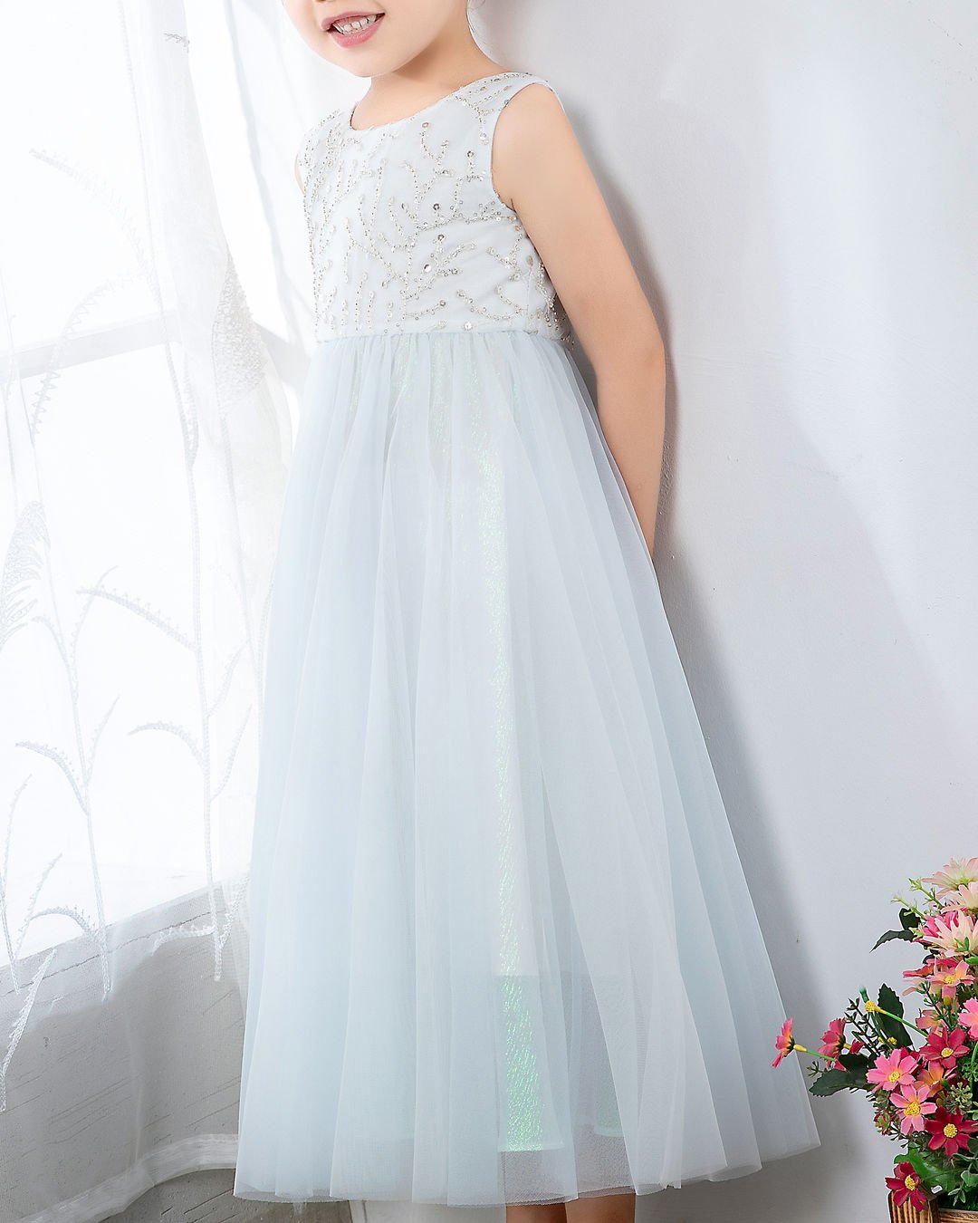 NumberSea - Light Blue Sleeveless Beaded Girls Princess Dresses Birthday Dress Party Dress Children's Occasion Wear