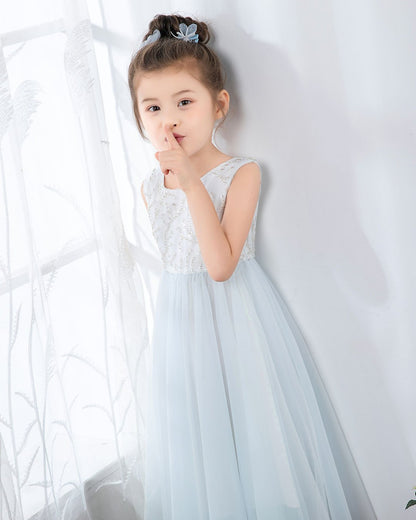 NumberSea - Light Blue Sleeveless Beaded Girls Princess Dresses Birthday Dress Party Dress Children's Occasion Wear