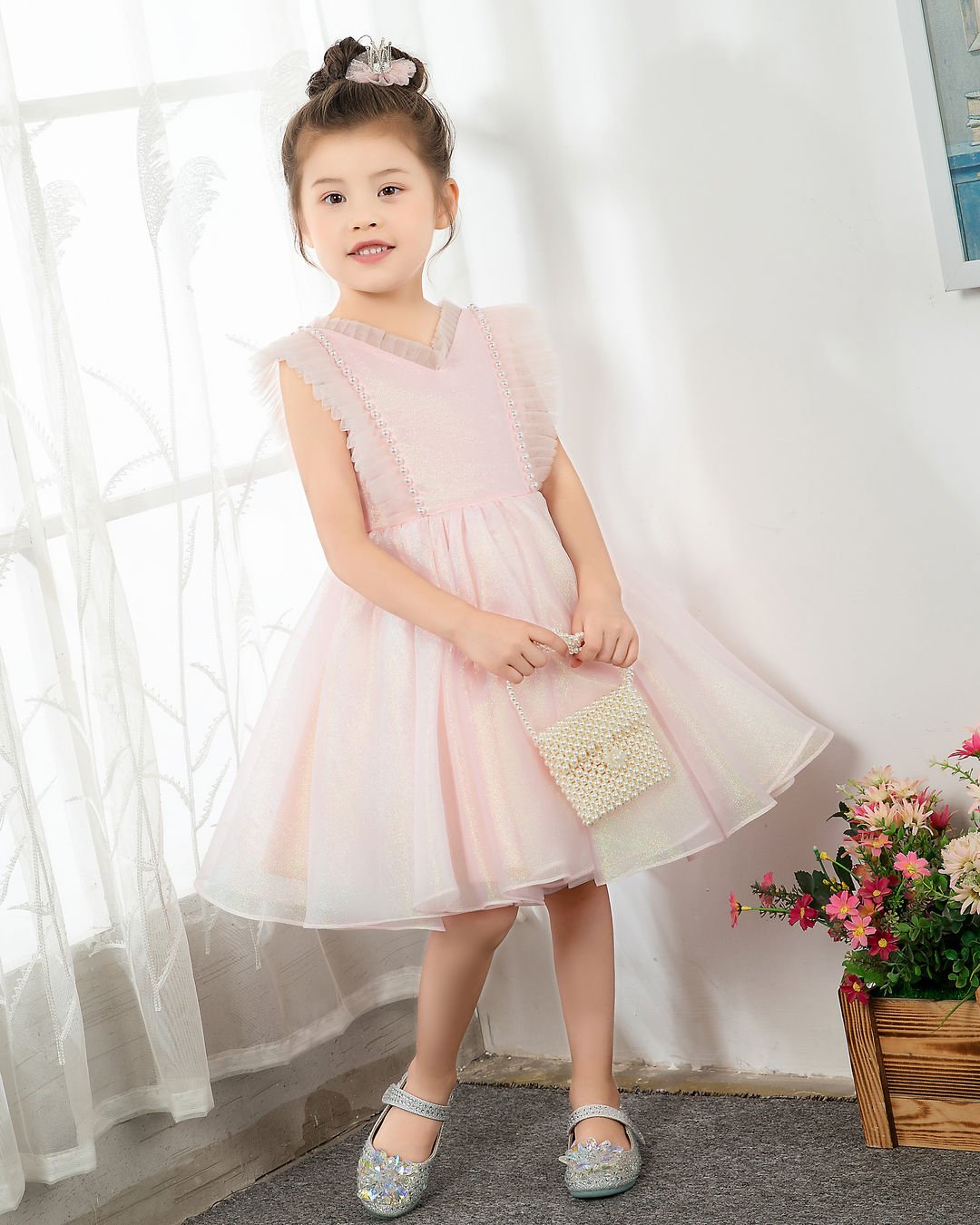 NumberSea - Fashion Pink Tulle Sleeveless Girls Princess Dresses Children's Occasion Wear Party Dresses Birthday Dress