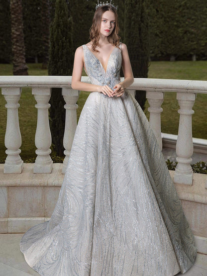 Numbersea A-line Light Grey Gown of Embroidered Matches the Low V-back