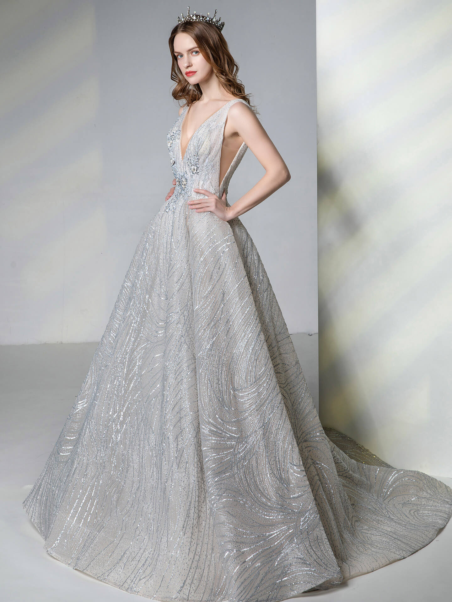 Numbersea A-line Light Grey Gown of Embroidered Matches the Low V-back