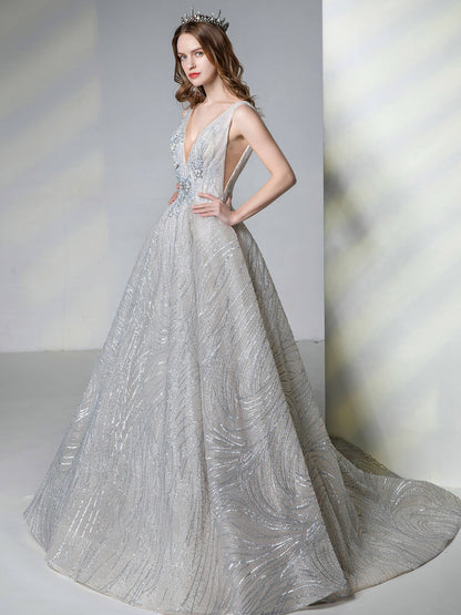 Numbersea A-line Light Grey Gown of Embroidered Matches the Low V-back