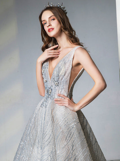 Numbersea A-line Light Grey Gown of Embroidered Matches the Low V-back