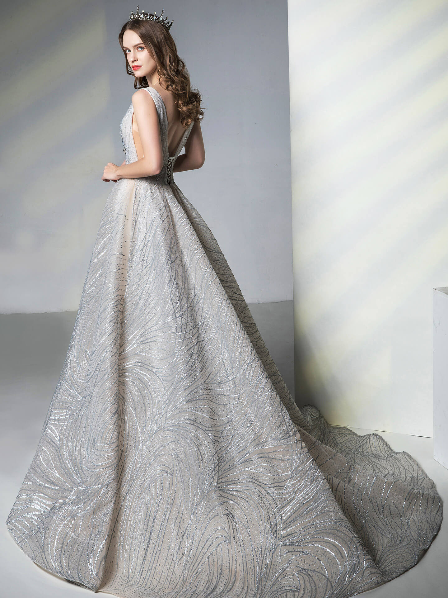 Numbersea A-line Light Grey Gown of Embroidered Matches the Low V-back