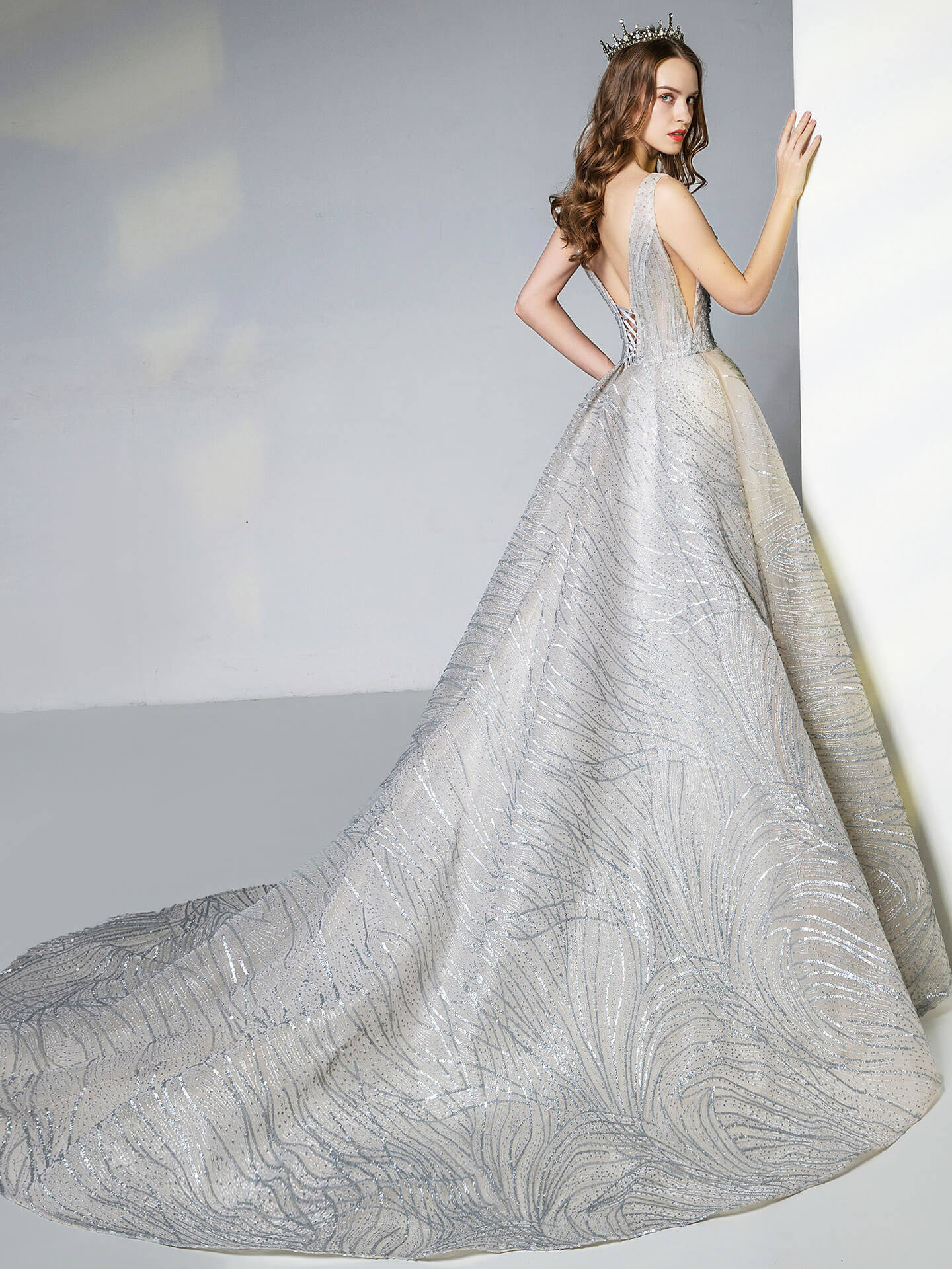 Numbersea A-line Light Grey Gown of Embroidered Matches the Low V-back