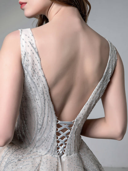 Numbersea A-line Light Grey Gown of Embroidered Matches the Low V-back