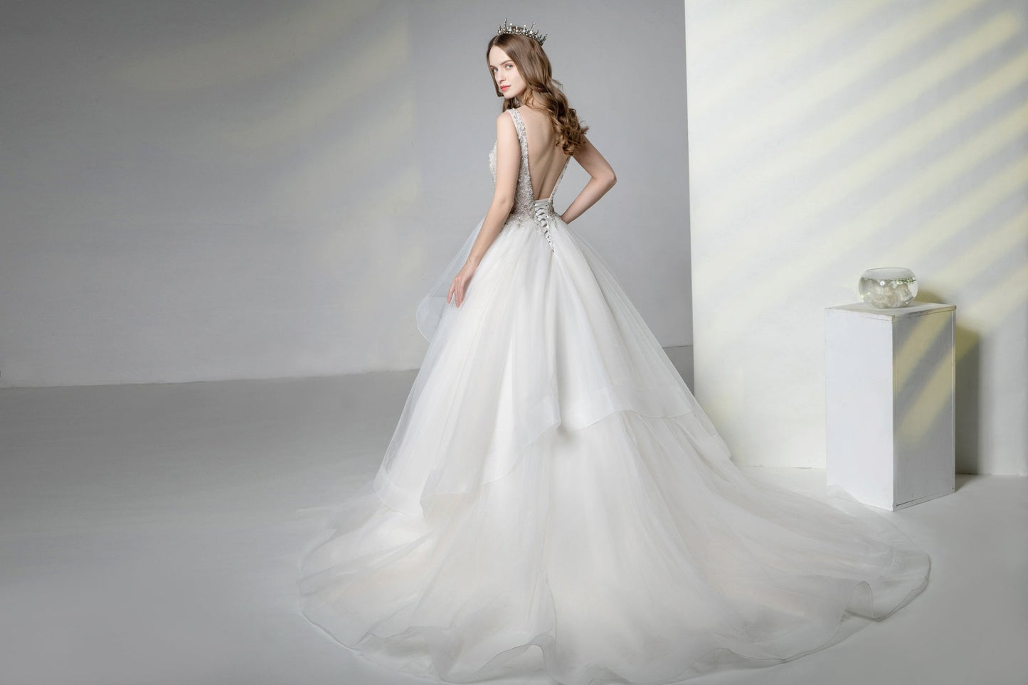 NumberSea - Numbersea V - Neck A - line Gown with Beads Bodice, Sexy Open Back Dramatically Stunning Tiered Tulle Skirt