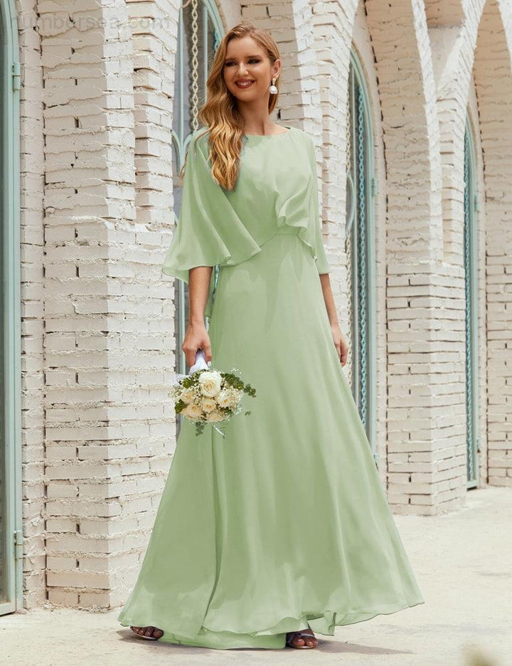 Numbersea Bridesmaid Dress Women Long Sleeve V-Neck Chiffon Formal Wedding Party 28018