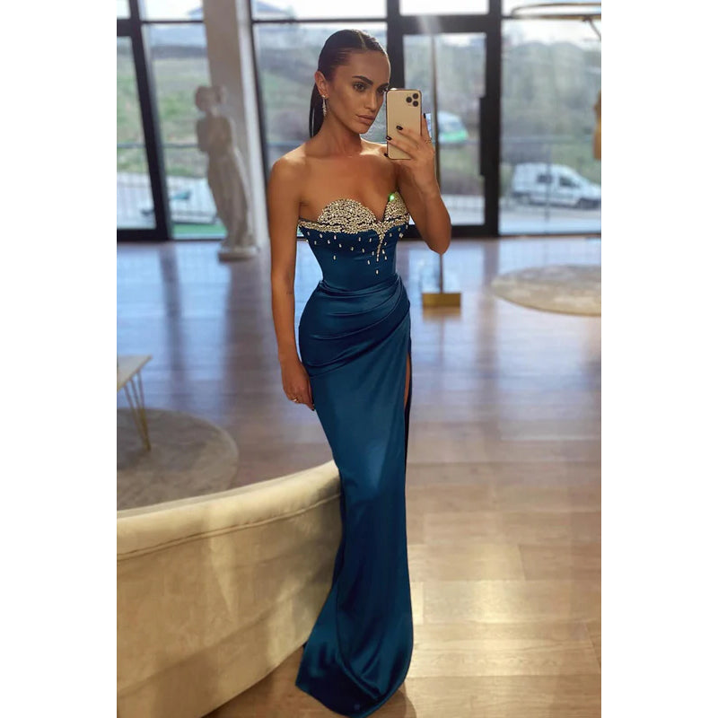 Glamorous & Dramatic Sweetheart Sleeveless Sheath Slit Party Prom Dress With Rhinestones