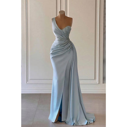 Sheath/column One Shoulder Beaded Pleats Long Prom Dress Evening Gown