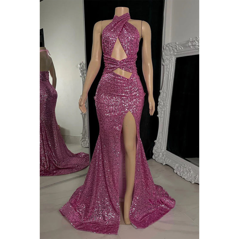 Unique Halter Sequins Mermaid Prom Dress Girls