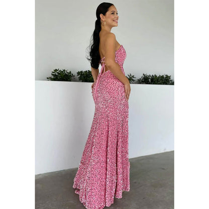 Sexy langes Ballkleid mit V-Ausschnitt, rosa Pailletten und Schlitz 