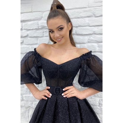 Unique Off The Shoulder Half Sleeves Sparkly Prom Ball Gown