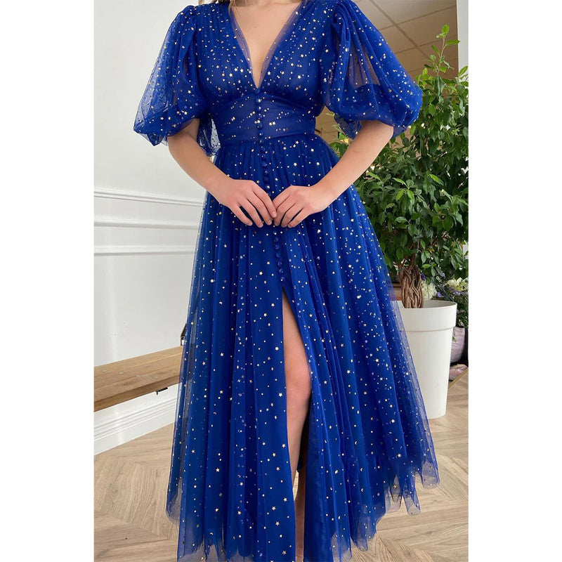 Plunging V-neck Half Sleeves Sparkly Formal Dress with Slit