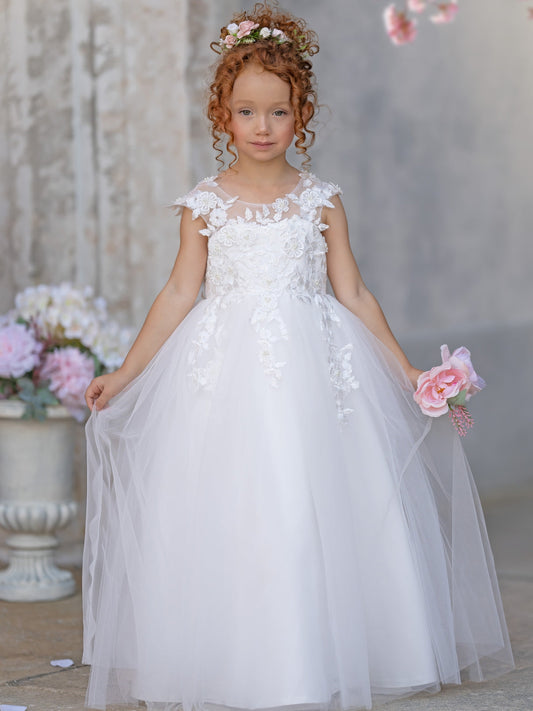 Ivory Princess Gown with Lace Appliques and Tulle Bow | Short Sleeve Ankle-Length Tulle Flower Girl Dress