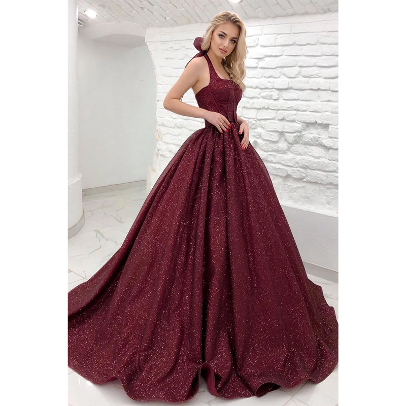 Unique Halter Burgunyd Long Prom Dress Glitter