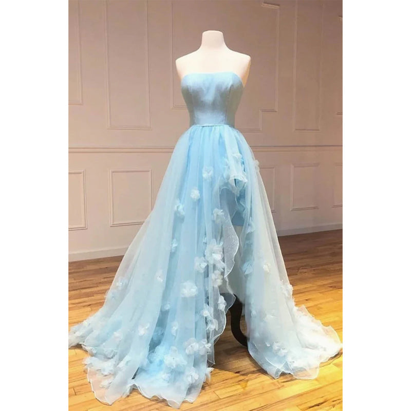 Sky Blue Tulle Strapless 3d Appliques A-line Long Prom Dress with Slit