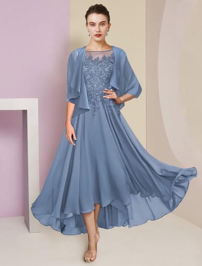 Zweiteiliges A-Linien-Kleid für die Mutter der Braut, formeller Hochzeitsgast, eleganter hoher und niedriger U-Ausschnitt, asymmetrische knielange Chiffonspitze, kurze Ärmel, Wickelkleid inklusive Pailletten-Applikationen