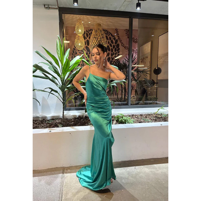 Sheath/Column One Shoulder Satin Pleats Backless Sleeveless Evening Dress