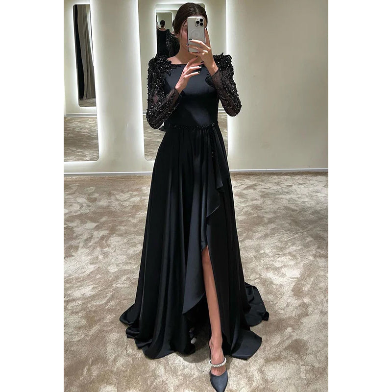 Sheath/Column Square Satin Appliques Long Sleeves Formal Dress