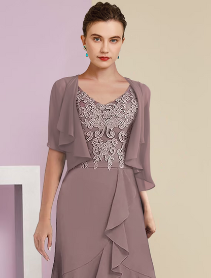 Zweiteiliges A-Linien-Kleid für die Mutter der Braut, formeller Hochzeitsgast, elegant, hoher Tiefausschnitt, V-Ausschnitt, asymmetrisch, wadenlang, Chiffon, Spitze, kurze Ärmel, 3/4-Ärmel, Wickelärmel, inklusive Applikationen