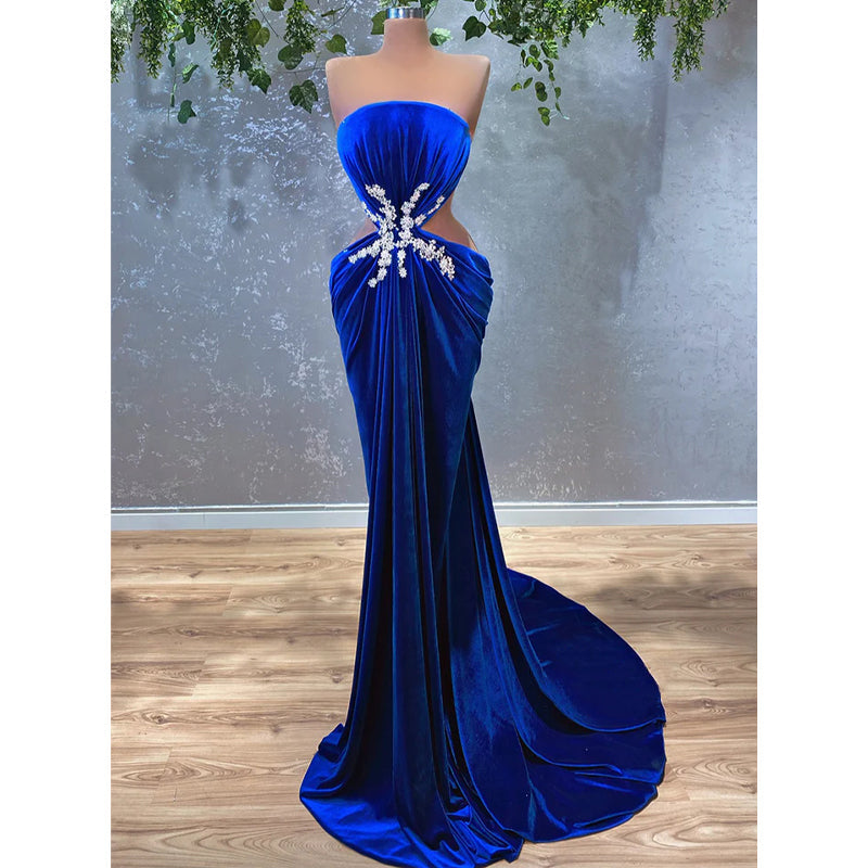 Velvet Beaded Strapless Royal Blue Long Prom Dress with Slit Evening Gowns