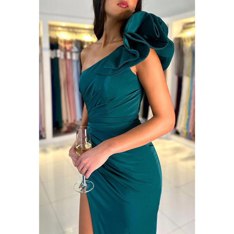 Unique One Shoulder Satin Pleats Sheath/column Long Formal Party Dress with Slit