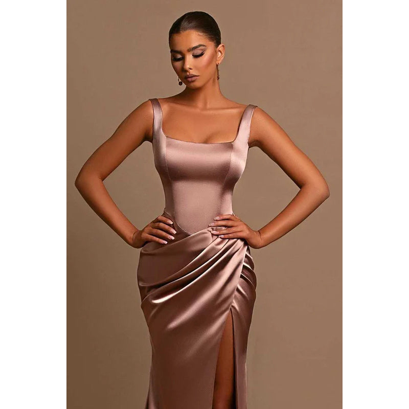 Square Neck Thigh Slit Ruched Sheath Long Prom Evening Dress