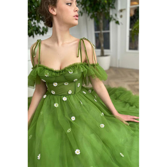 Spaghettiträger Grüne Tüllapplikationen Vintage Abendkleid 