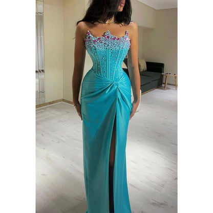 Sheath/column Strapless Blue Beaded Long Formal Dress Evening Gowns