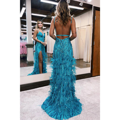 Plunging V-neck Sequins Appliques Feathers Sparkly Prom Dress with Slit