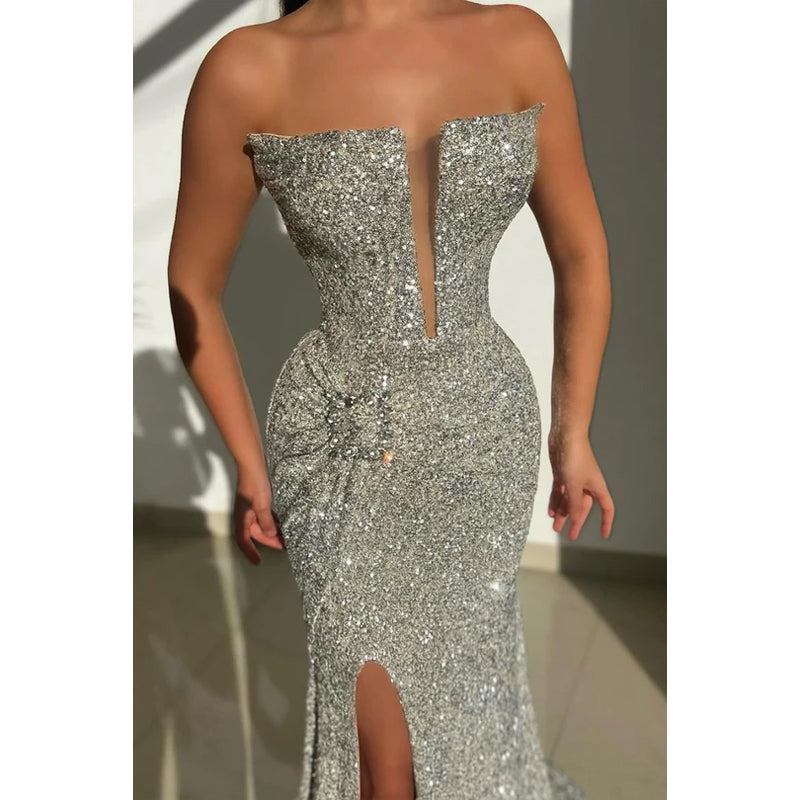 Sparkly Off-Shoulder V-Neck Sleeveless Sequins Trumpet Slit Party Prom Dress