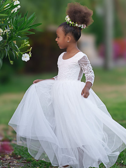 Girl Peony Lace Back A-Line Straight Tutu Tulle Party Flower Girl Dress