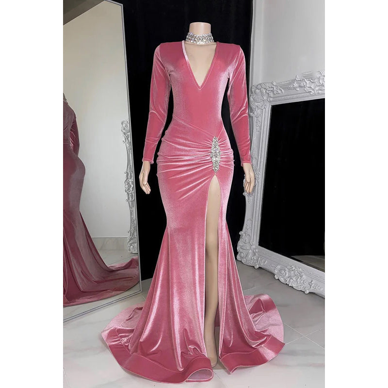 V-Neck Long Sleeves Beaded Sheath Velvet Long Prom Gown With Slit